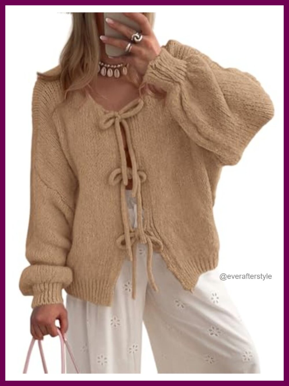 Tie Front Bow Cardigan Cable Knit Puff Sleeve Sweater